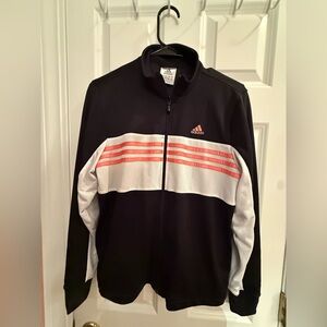 Adidas Ladies Black and White track jacket with pink stripes